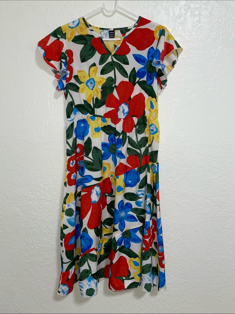SHEIN Colorful Tropical Print V-Neck Top — Red, Yellow, Blue, Green